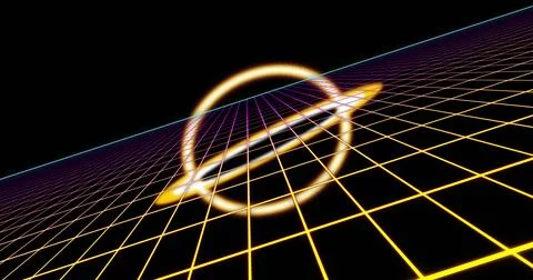 Glowing ring and grid image over dark background with neon lines Stock Photos