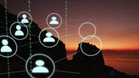 Glowing ring appearing avatar nodes fading spreading connecting across sunset Stock Footage 334694177