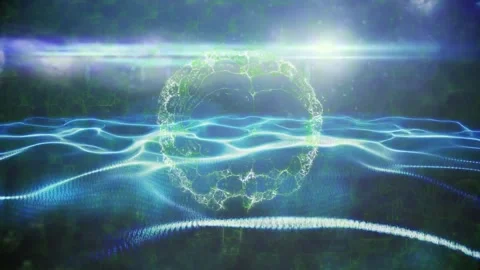 Glowing ring floating above wavy blue green grid, binary code shimmering and Stock Footage 328457859