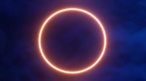 Glowing ring frame in dark clouds background. Orange circle 3d render surface of Stock Illustration