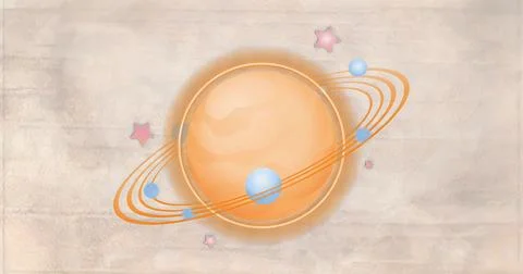 Glowing ringed planet floating on parchment backdrop, with pastel blue moons  Stock Illustration