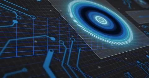 Glowing ringed target casting clear panel over dark grid, showing neon traces Stock Illustration