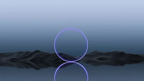 Glowing ring,neon circle on the surface water mountains,animation.3D render Video stock 305842882