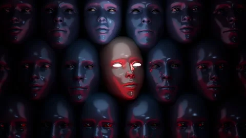 Glowing Robotic Faces Wall Creepy Sci-Fi Concept VJ Loop 4K 스톡 동영상 310662284