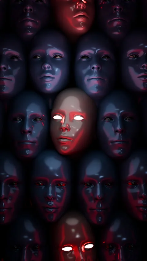 Glowing Robotic Faces Wall Creepy Sci-Fi Concept VJ Loop 4K 스톡 동영상 310662301