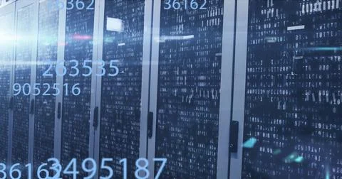 Glowing row of glass-front server cabinets reflecting blue light in data center Stock Photos