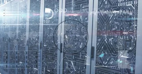 Glowing row of server cabinets displaying HUD overlays in data center aisle, Stock Photos