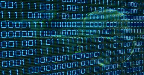 Glowing rows of cyan binary digits scrolling across digital display, with イラスト素材
