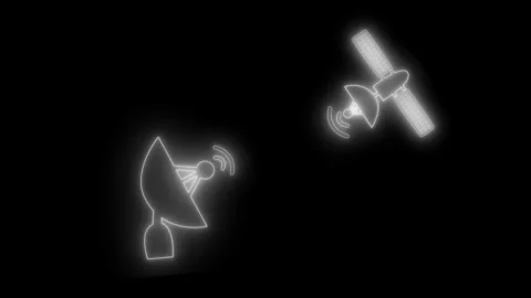 Glowing satellite and dish antenna icons on black background, showing wirel.. Vídeo Stock 337080132
