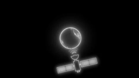 Glowing satellite and planet in dark space, abstract black background with .. Stock Footage 337080068