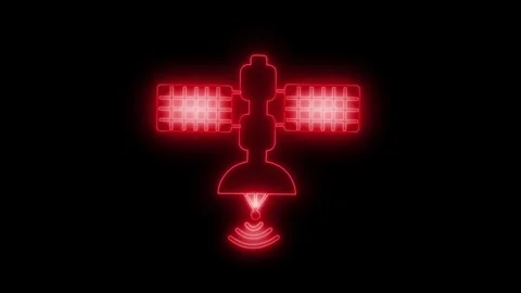 Glowing satellite icon with signal waves on a black background, simple futu.. Stock Footage 337080141
