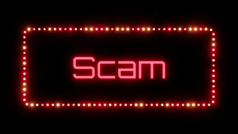 Glowing scam sign in flashing frame, 3D render. Scam background, dotted neon Stock Footage 332175860