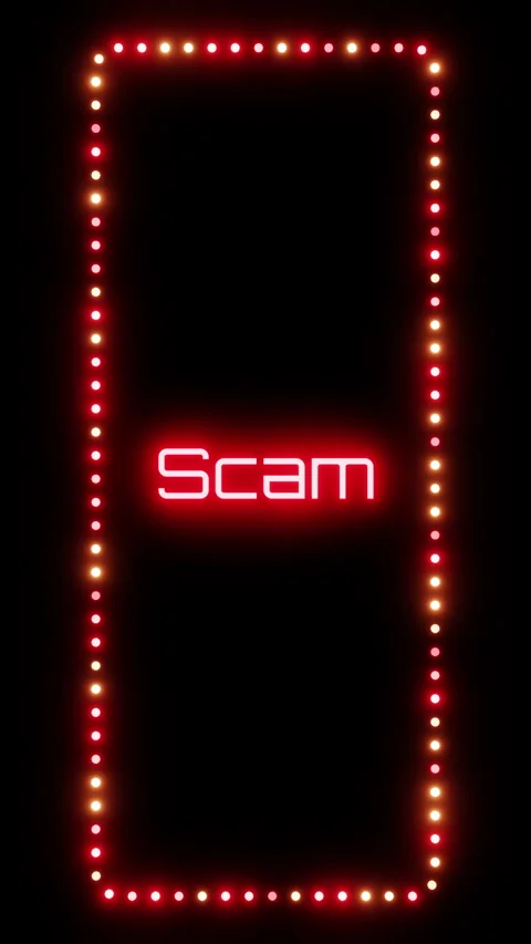 Glowing scam sign in flashing vertical frame, 3D render. Scam background, dotted Stock Footage 332175915