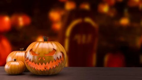 Glowing Scary Jack O Lantern Among Autumn Pumpkins 3d render. Stockillustratie