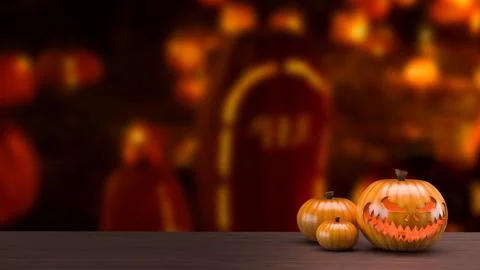 Glowing Scary Jack O Lantern Among Autumn Pumpkins 3d render. Stock Illustration