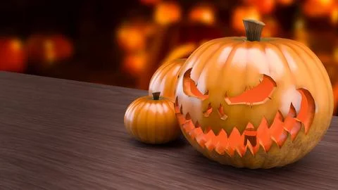 Glowing Scary Jack O Lantern Among Autumn Pumpkins 3d render. Stockillustratie
