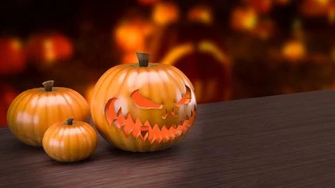 Glowing Scary Jack O Lantern Among Autumn Pumpkins 3d render. Stockillustratie
