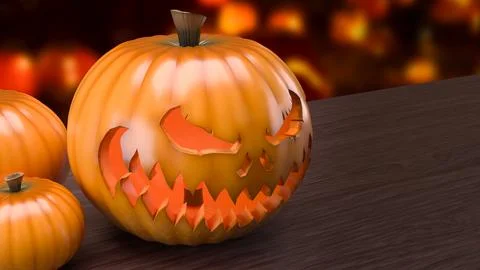 Glowing Scary Jack O Lantern Among Autumn Pumpkins 3d render. Stockillustratie