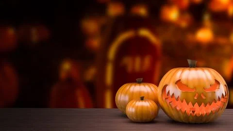 Glowing Scary Jack O Lantern Among Autumn Pumpkins 3d render. Stockillustratie