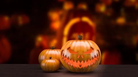 Glowing Scary Jack O Lantern Among Autumn Pumpkins 3d render. Stock Photos
