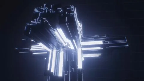Glowing sci-fi tower of stacked blocks and lines, 4K illustration Stock Illustration