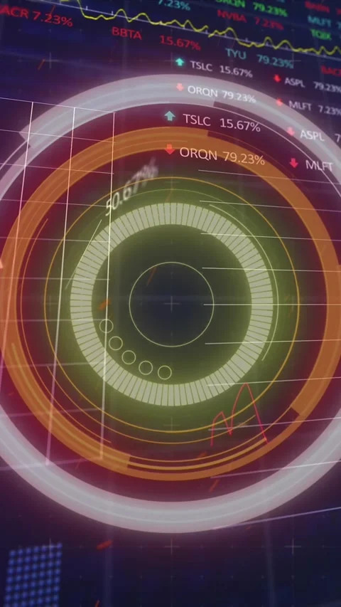 Glowing scope scans and spins with glitch on stock market concept background in Stock Footage 344613831