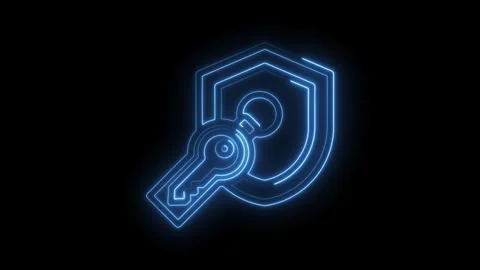 Glowing security shield with key outlined in blue digital neon style Stock Footage 330785232