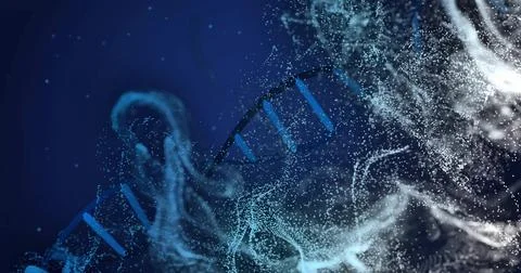 Glowing segmented double-helix drifting on digital blue gradient plane, with Stock Illustration