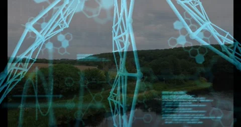 Glowing semi-transparent 3D lattice network hovering above riverside landscape Stock Footage 329367146