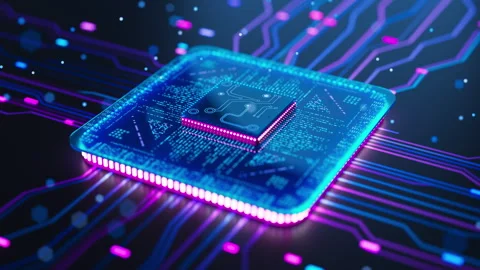 Glowing semiconductor chip on digital circuit background Stock Footage 341882735