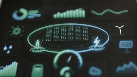 Glowing server array sits inside green and blue rings among wind turbine 库存影片 343372757