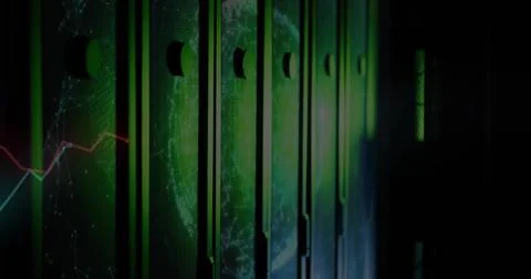 Glowing server cabinets casting green light down data center aisle, with LED Stock Illustration
