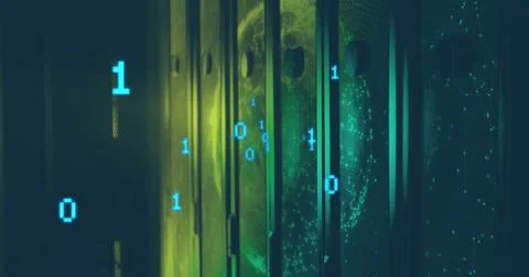 Glowing server cabinets displaying bits in data center, with digital globe and Foto stock