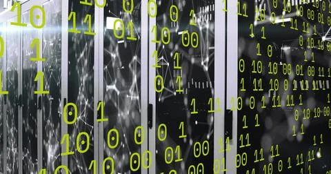 Glowing server cabinets displaying network graphic in data center room, with Foto stock