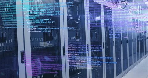 Glowing server cabinets emitting colored light in server room, with blinking Stock Illustration