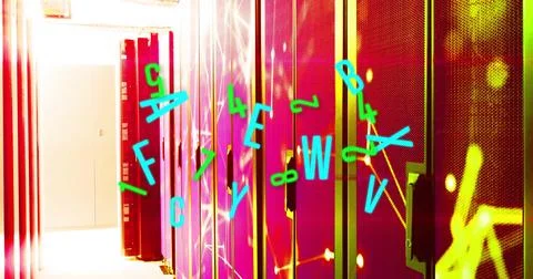 Glowing server cabinets illuminating data center corridor, with floating glyphs Stock Illustration