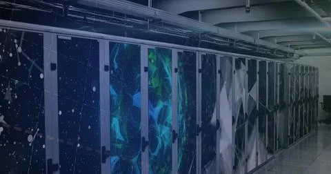 Glowing server cabinets showing LEDs with glass doors in datacenter aisle, ti Stock Photos