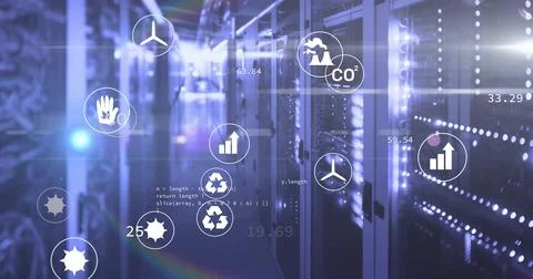 Glowing server network cabinets flashing LED lights in datacenter, with eco Stock Illustration