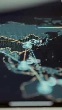 Glowing server node over Japan updates its utilization from 87 percent Stock-Fotos