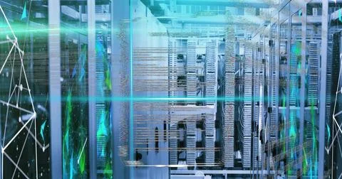 Glowing server rack aisle emitting teal lighting in data center, with blade Stock Photos