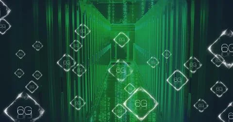 Glowing server rack aisle running through data center corridor, with 6G icons, Illustrazione stock
