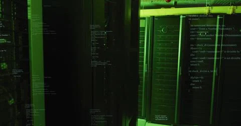 Glowing server rack cabinet casting green light in secured server room, with Stock Photos