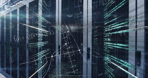 Glowing server rack in data center corridor, with LED lights, binary streams, Stockfoto's