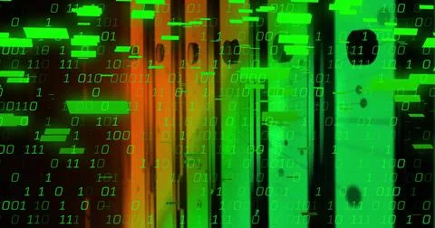 Glowing server rack displaying binary code in data center, with LED lights, Stock Illustration