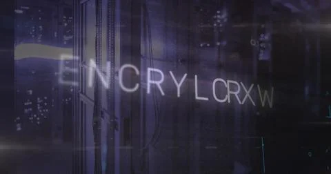 Glowing server rack displaying translucent ENCRY LCRX W overlay in data center, Stock Photos