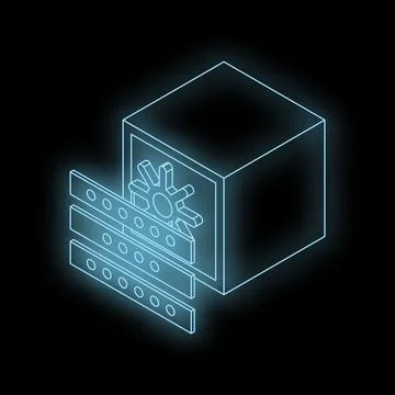 Glowing server rack protecting digital safe with combination lock, cybersec.. 库存插图