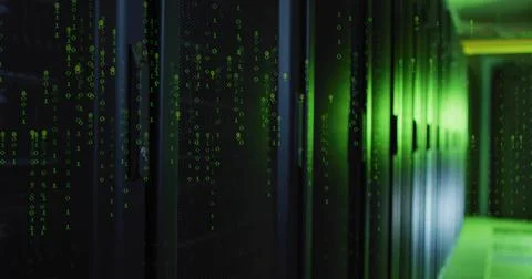 Glowing server rack row emitting green LED light down data center corridor, with Stock Illustration