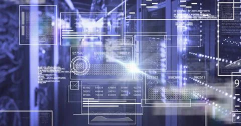 Glowing server racks and data overlays illuminating data center aisle with 스톡 사진