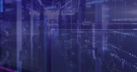 Glowing server racks casting light in data center hall, with map overlay and Stock Photos
