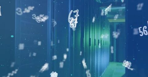 Glowing server racks in data center, showing LED indicators, floating digits Stock Illustration